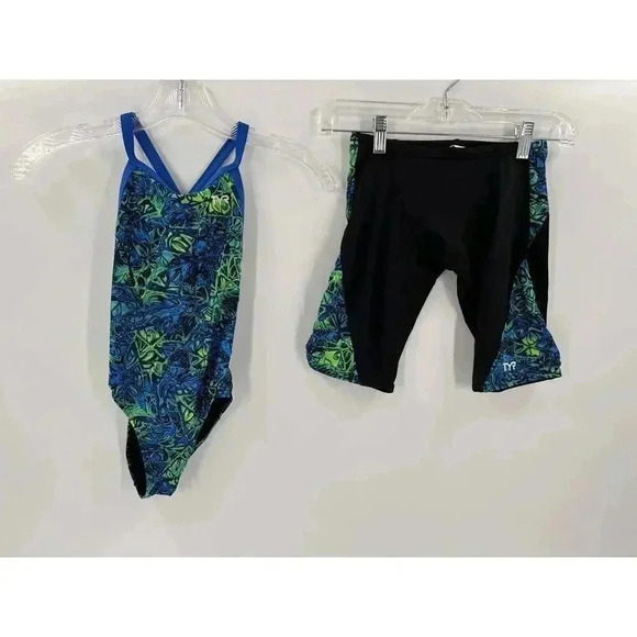 TYR Girls' Standard Nebulous Diamondfit Swimsuit Size 22 Shorts 26 Blue/Green EC - Picture 2 of 13
